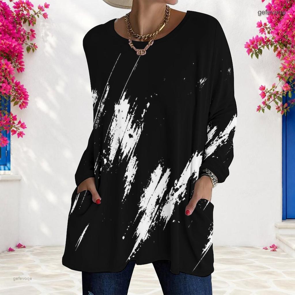 Women Plus Size Round Neck Long Sleeve Printed Loose Fit Longline T Shirt With Pockets