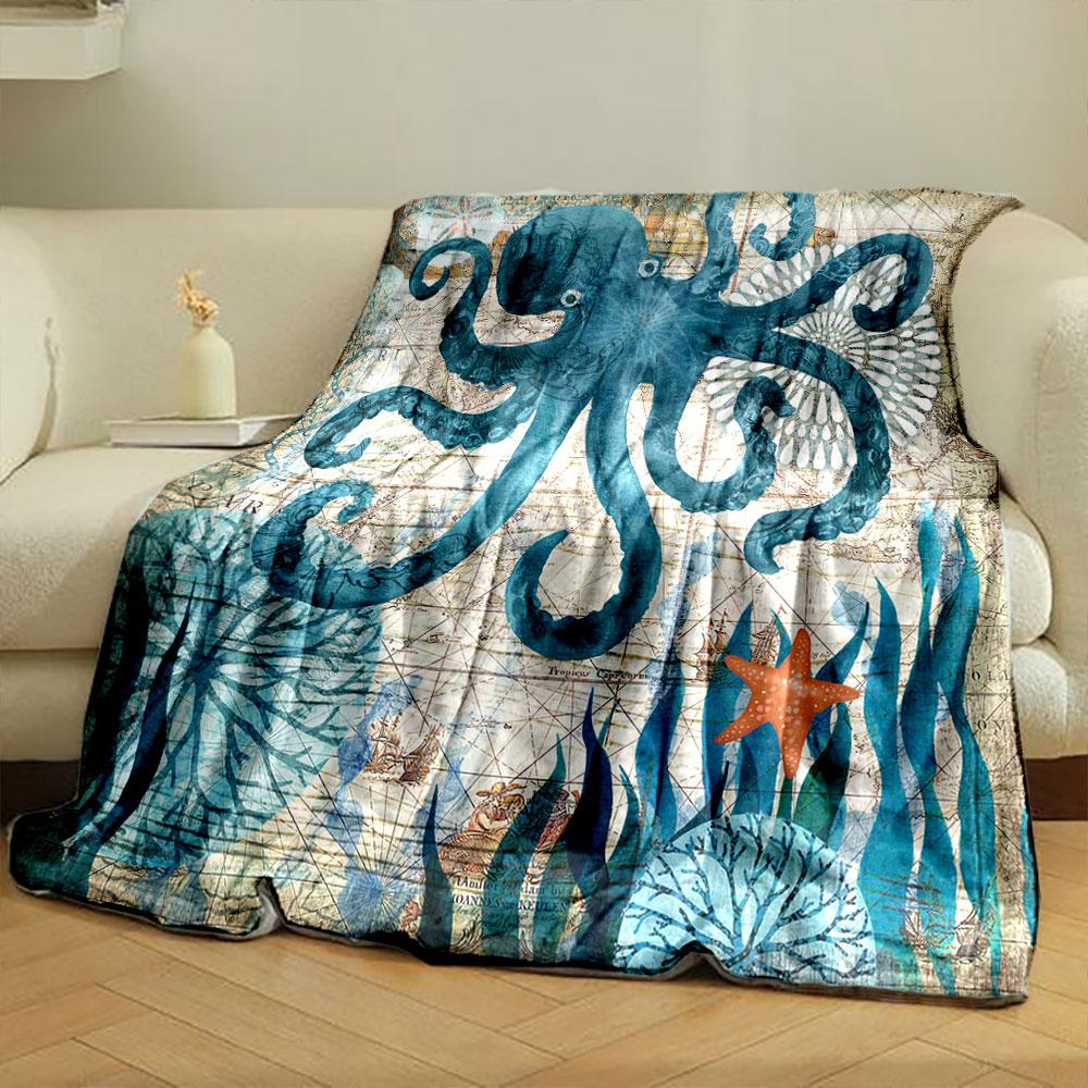 Retro Ocean Themed Blanket with Octopus and Old Nautical Map Print Blanket for Livingroom Couch lunch break Soft throw for Friend's festival Gift