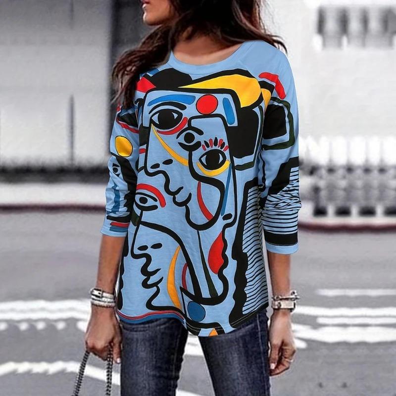 Graffiti 3d Printing Autumn Long Sleeve T-Shirt For Women Elegant Round Neck Casual Female Oversize Top Vintage Clothes