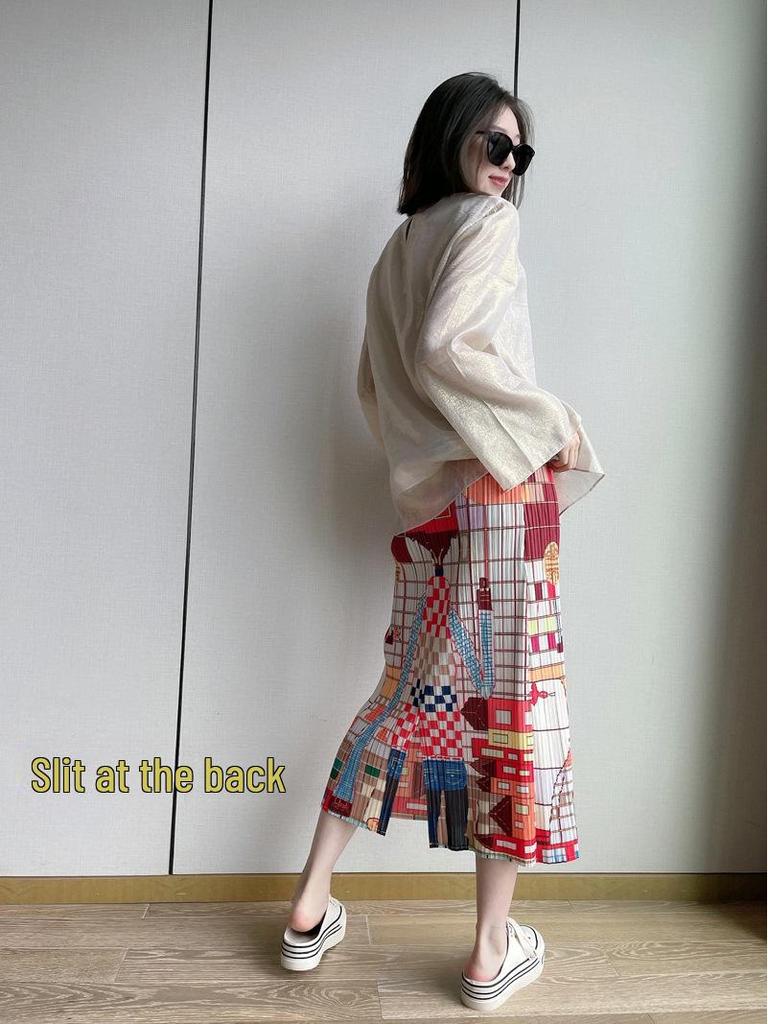 Miyake Cartoon Character Pleated Mid-Length Skirt with Plaid Print and Back Slit