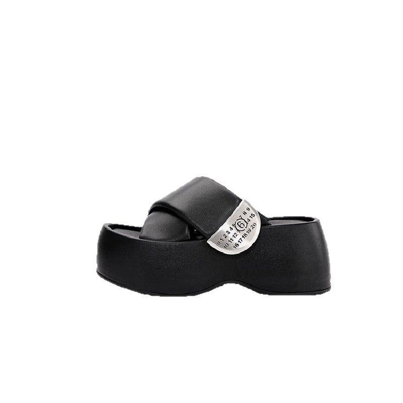 Klettverschluss Metall Kreuz Hausschuhe Damen 2025 neu klein dick Sohle Höhenerhöhung Freizeit Urlaub Strand Sandalen