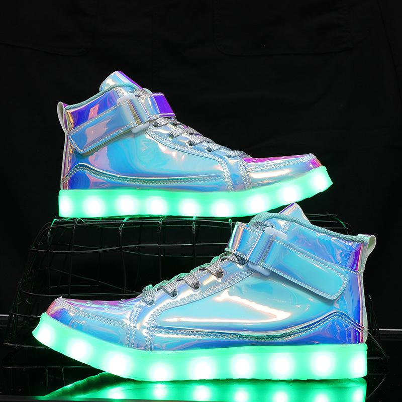 Spring and Summer New Men's and Women's Outdoor Casual Shoes Fashion Luminous Shoes High-top Light Shoes Colorful Mirror Velcro Trendy Shoes