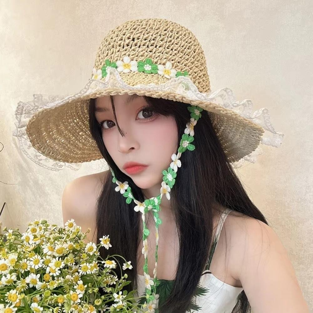 Wide Brim Women Visor Bucket Hat Breathable Beach Hat Flower Straw Hat  Seaside Vacation
