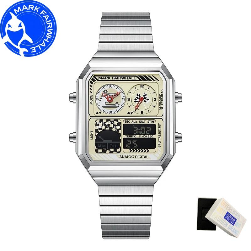 MARK FAIRWHALE Watches for Man 4460 Stainless Steel Trend Square Dial Multifunctional Alarm Clock Luminous Waterproof Men Watch