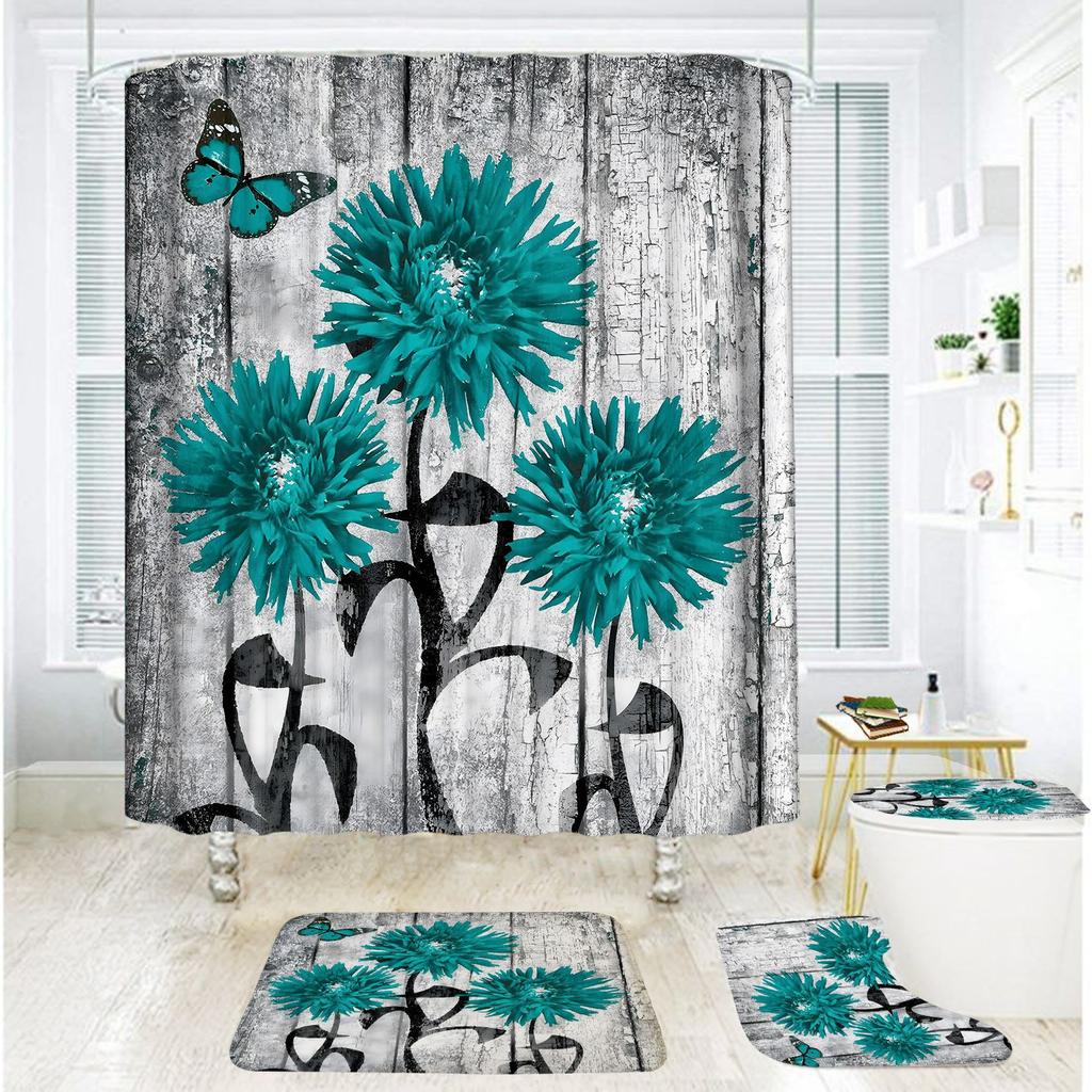 Badezimmer Duschvorhang Vierteilig Digitaldruck Holzmaserung Chrysanthemenpflanze Wasserdichter Duschvorhang Duschvorhang Trennvorhang
