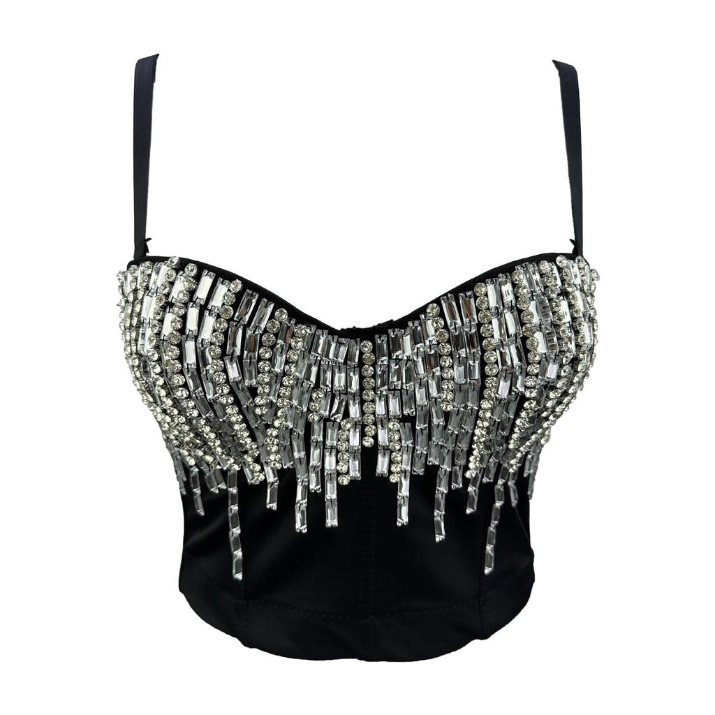 Sexy Nightclub Dancing Innerwear Strapless Tank Top with Rhinestone Embellishment Outerwear Stylish Short-sleeve Bust-enhancing Fishbone Bra Top Camis