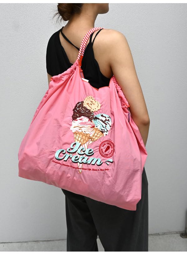 Ball Chain Authentic ICE CREAM Large Size Bag Eco Bag Tote Bag Embroidery Gift A4 301163 [Ball & Chain] & (L.PINK, L)