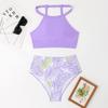 New split swimsuit women's solid color vest-style bra high waist printed briefs hip-wrapped swimsuit