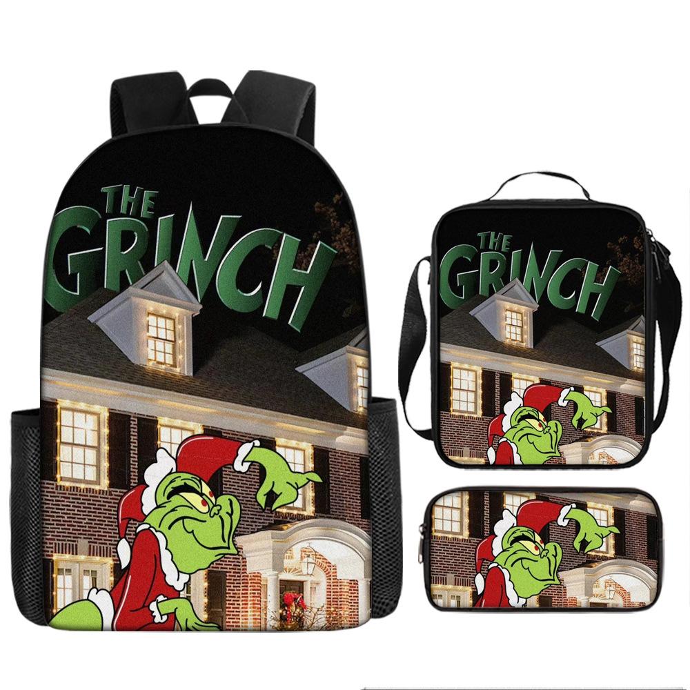Green Hair Monster Grinch School Bag Campus 12345th and 6th Grade Backpack Lightweight Weight Loss Computer Bag Three-piece Set