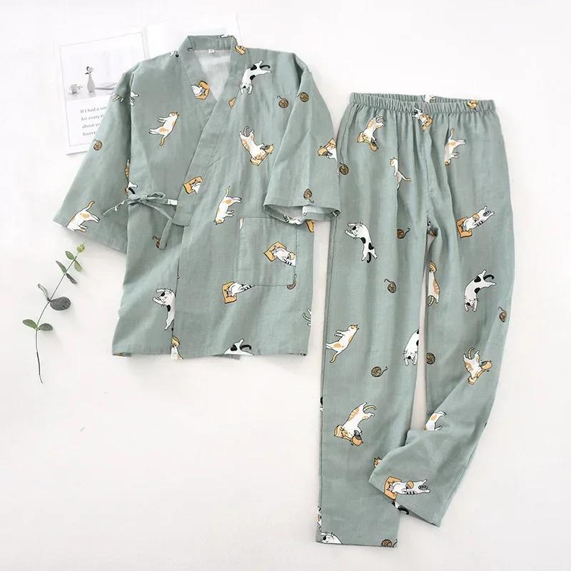 Yedi Kollu Kimono Pijama Seti Kadın İlkbahar ve Sonbahar %100 Pamuk Gazlı Bez Ev Giyim Şirin Tatlı