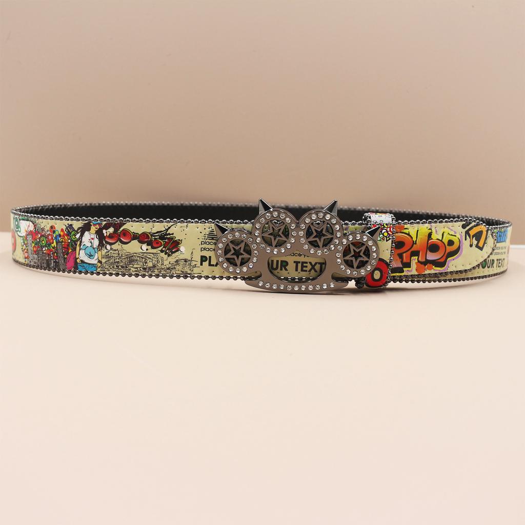 Tiger Claw Rhinestone Buckle Head Smooth Buckle Printed Graffiti Casual Personalized Belt Belt European and American Versatile