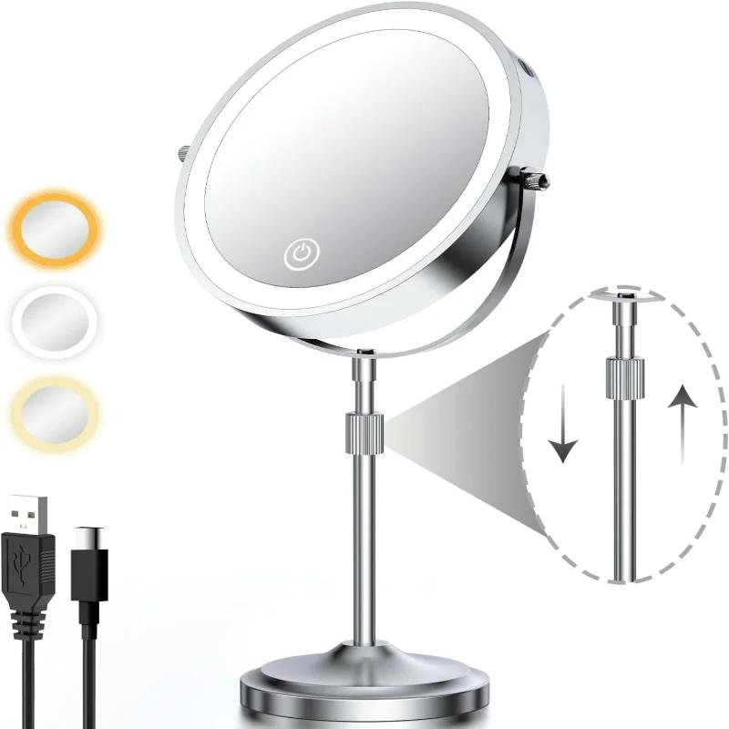 Adjustable Height Elegant Chrome Finish Lighted Vanity Mirror with 1X 10x Magnification, Dimmable Brightness, and Rechargeable 5