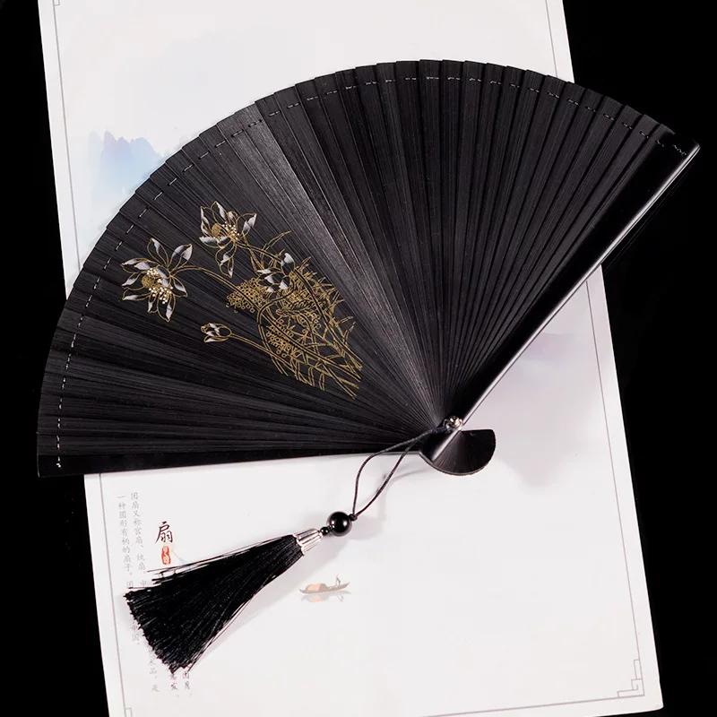 Bamboo Fan for Women, Traditional Style, Classical Black Folding Fan, Compact Hanfu Dance Fan, Portable Silk Cloth Fan