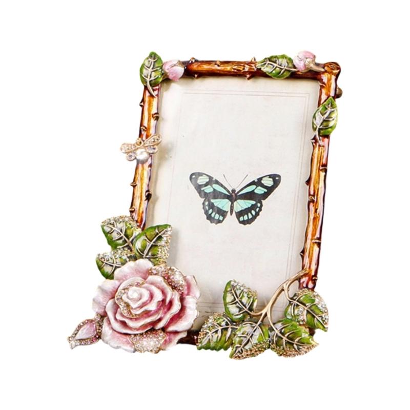 Elegant Emaille Bloemen Vogel Metalen Fotolijst Met Strass Accent Antiek Fotolijstje Voor Tafelblad Planken Decoraties
