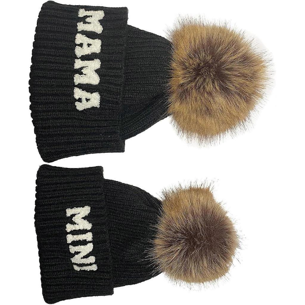 2PCS Parent-Child Beanie Hat Mama and MINI Embroidery Knitted Hat Winter Warm Cuffed Ski Cap with Pom Pom