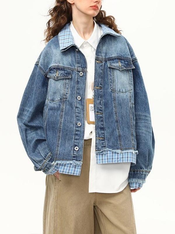 Unisex Trendy Plaid Patchwork Denim Jacket - American Retro Style