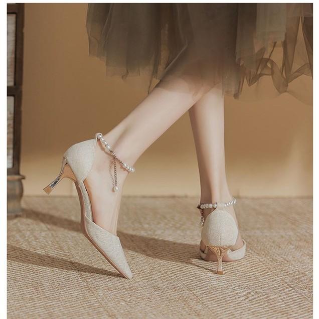 Fashion High Heeled Women's 2025 Spring/summer New Style Fairy Style Pointed Thin Heel Pearl Straight Strap Hollow Toe Sandals
