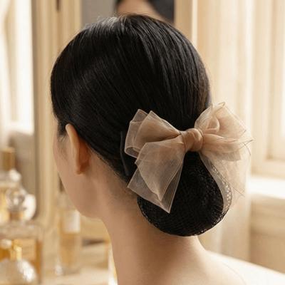 New Elegant Bowknot Net Bun Snood Vintage Convenient Hair Bun Cover Satin Gauze Crochet Snood Hairgrips Wedding