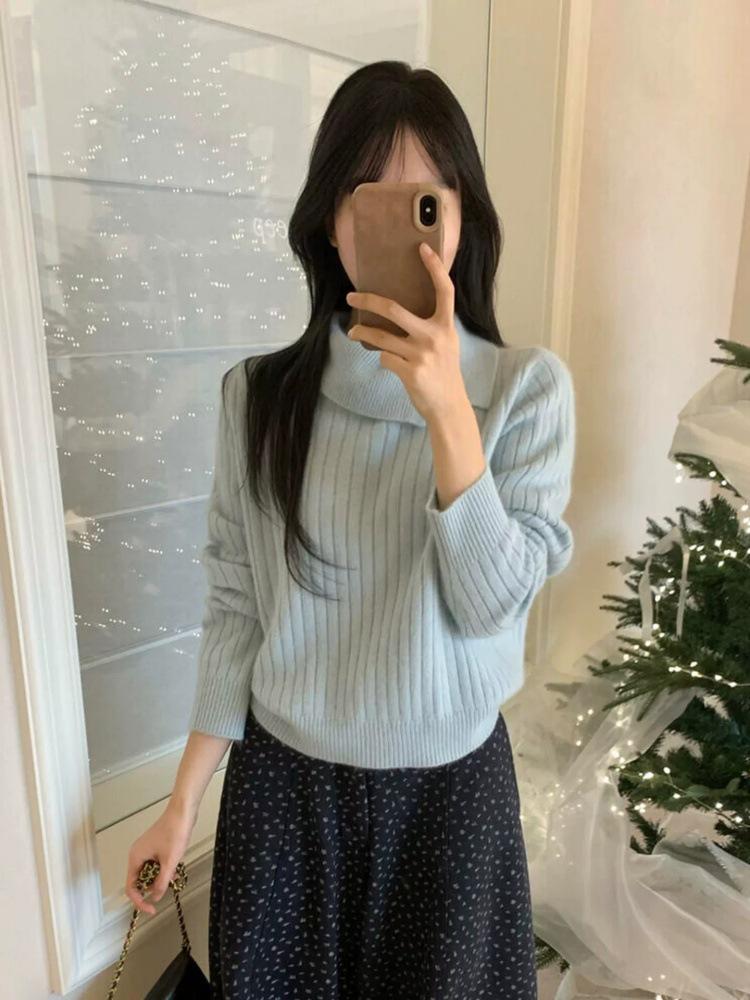 Women's 100% Wool Thickened Lapel Pullover Sweater - Autumn/Winter Loose Cable Knit Long Sleeve Cashmere Base Layer