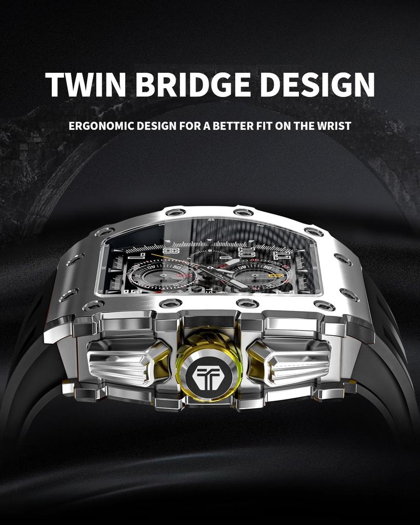 TSAR BOMBA Skeleton Mechanical Automatic Watch with Ceramic Japanese Tonneau Silicone 50M Water Luminous Luxury Watch for and Casual Wear Men's