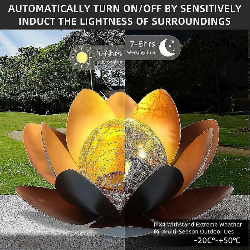 Solar Lotus Light Garden Outdoor Table Decor,Amber Crackle Globe Glass Lotus Flower Light Decoration,Metal Lotus Flower Lamp Waterproof Led Light For