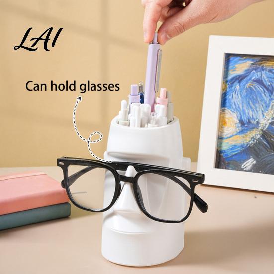 Desk Storage Box Resin Glass Stand Pen Holder Moai Statue Pencil Container Glasses Stationery Organizer Eyeglass Display Rack for Home Office
