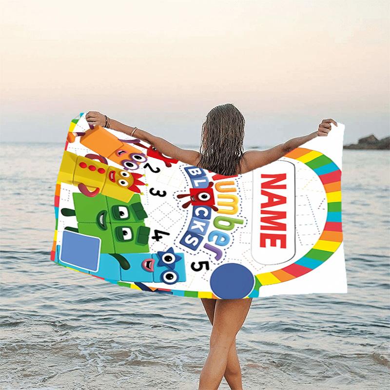 1pc 3D-Number-Blocks-Cartoon Beach Towel with Custom Name, Beach/Swimming/Bath/Picnic/Camping Towel, Suitable for Seaside Beaches