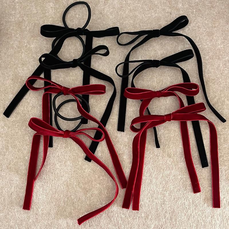 2Pcs Fashion Red Black Velvet Bow Hair Ties Hairpin For Women Girl New Year Hair Accessories Bow Rubber Bands Hair Clips
