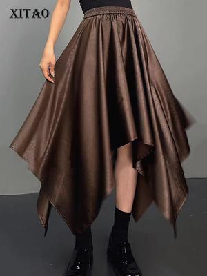 Asymmetrical Solid Color Pu Skirts HQQ2420