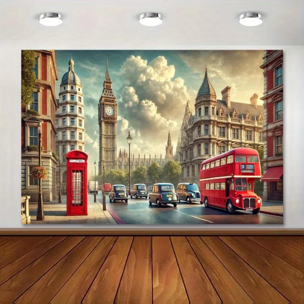 Vintage London Street View Double Decker Bus Theme Banner Background Cloth Birthday Party Home Decoration Photography Backdrop