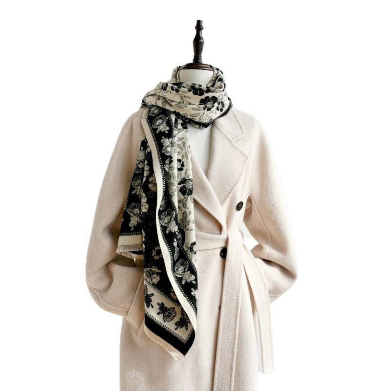 Scarf women's new winter tassel shawl floral versatile cashmere thickened warm and cold-proof scarf dual-purpose