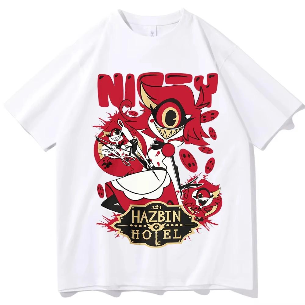 Hazbin Hotel Men's Cotton Shirt Y2k Niffty Design Graphic O-neck Shirts Summer Fashion Streetwear High Quality Tshirt