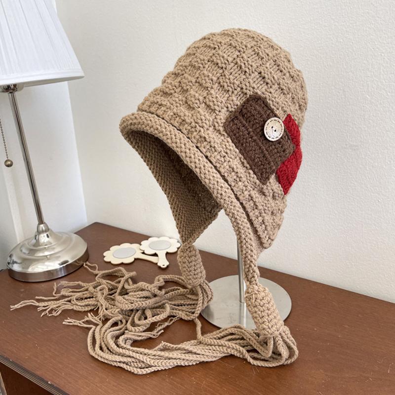 1PC Handmade Red Tassel Soft Knit Fashionable Wool Trendy Hat Handmade Braid Warm