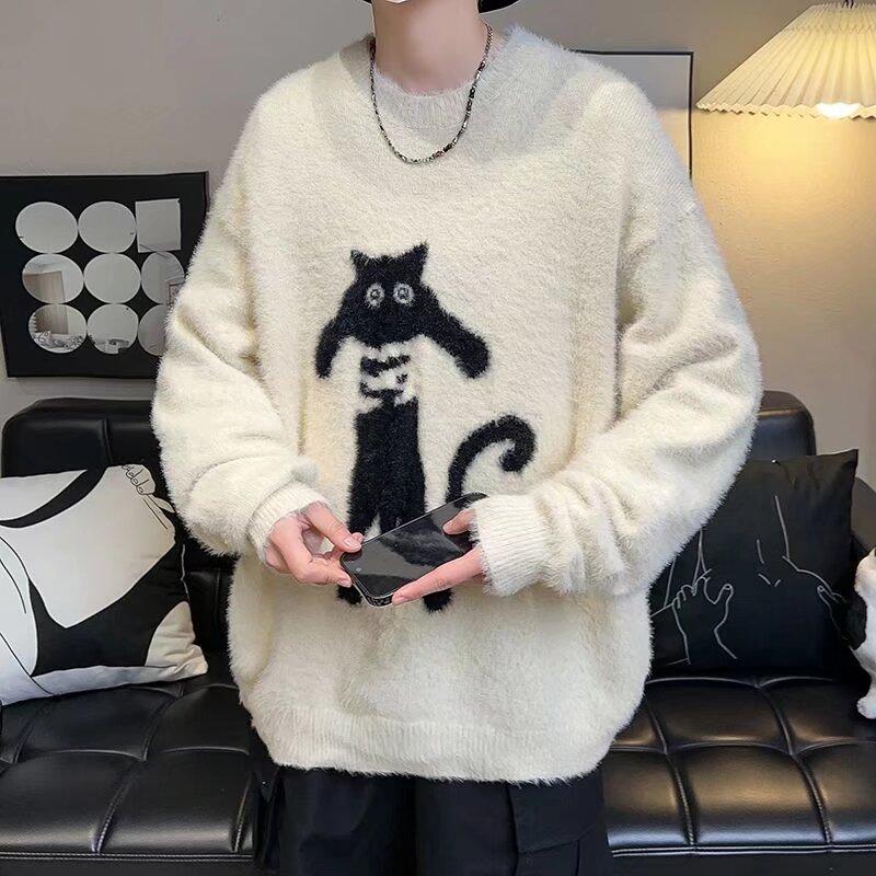 Men's Cute Cat Pattern Sweater Loose Crew Neck Knitted Pullover Long Sleeve Autumn Jumper Winter Warm Clothes