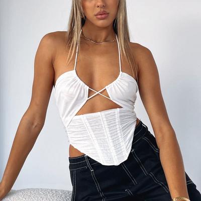 European and American Hollow Neck Vest, Hot-selling Sexy Mesh Halter Pleated Sleeveless Fishbone Bra Top