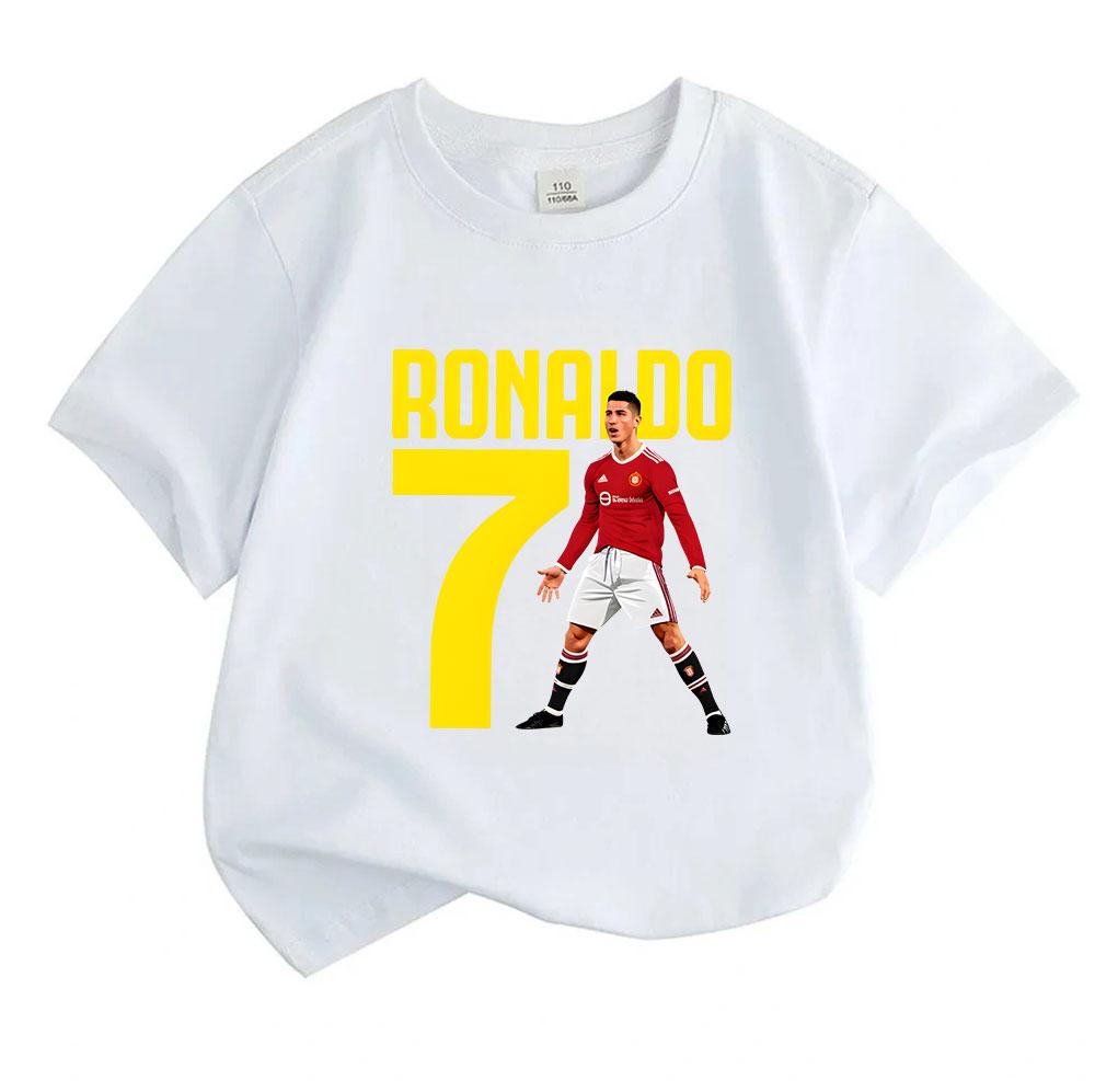 Boys Girls 100% Cotton Crew Neck Short Sleeve T-Shirt, Classic Football Star No.7 Ronaldo Printed Casual Soft Breathable Tee for Kids Daily Wear Sport