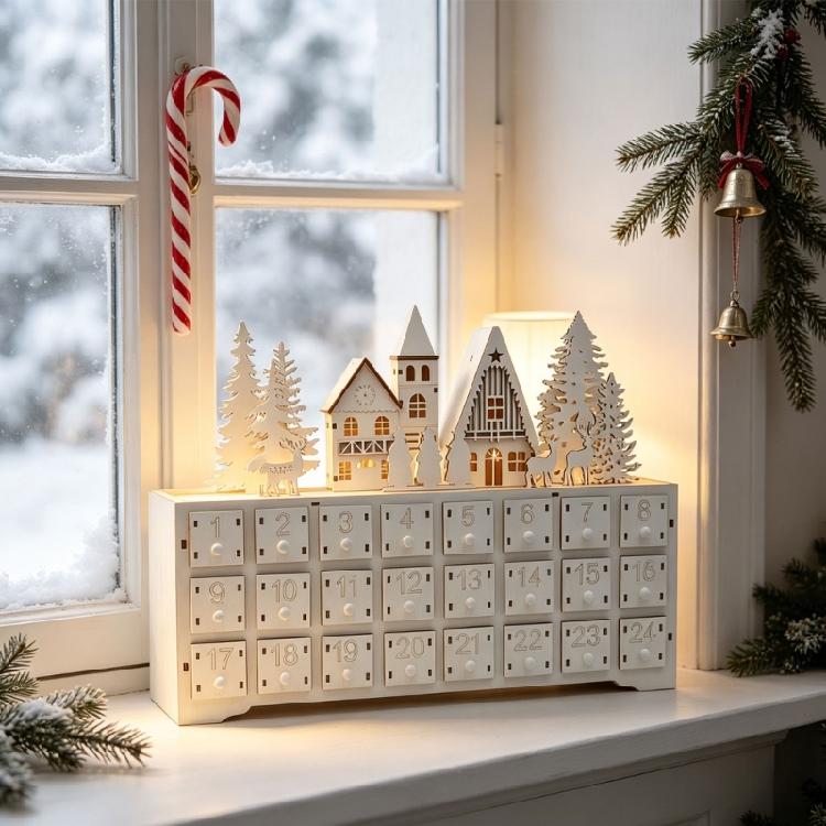 24 Drawer Wooden Advent Calendar In Christmas Village Style, Lighted Indoor Piece for Shelf Display and Daily Seasonal Tradition