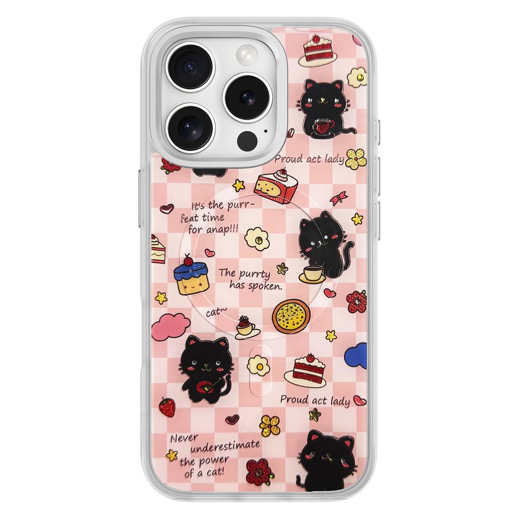 For iPhone 16 Pro Magnetic Case TPU PC Phone Cover with Detachable Happy Black Cat Backplate