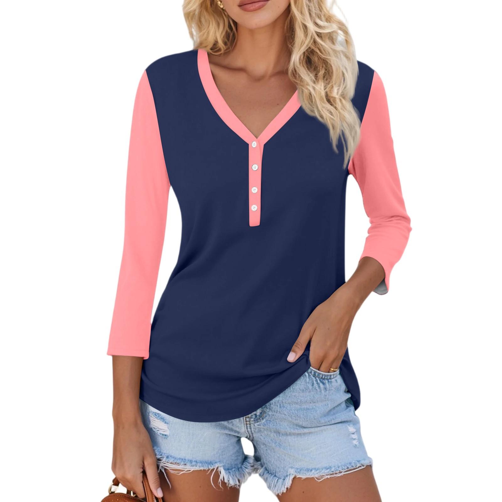 

Women s Casual Fashion Sexy Comfortable V-neck Button Stitching Color Three-quarter Sleeve Top M