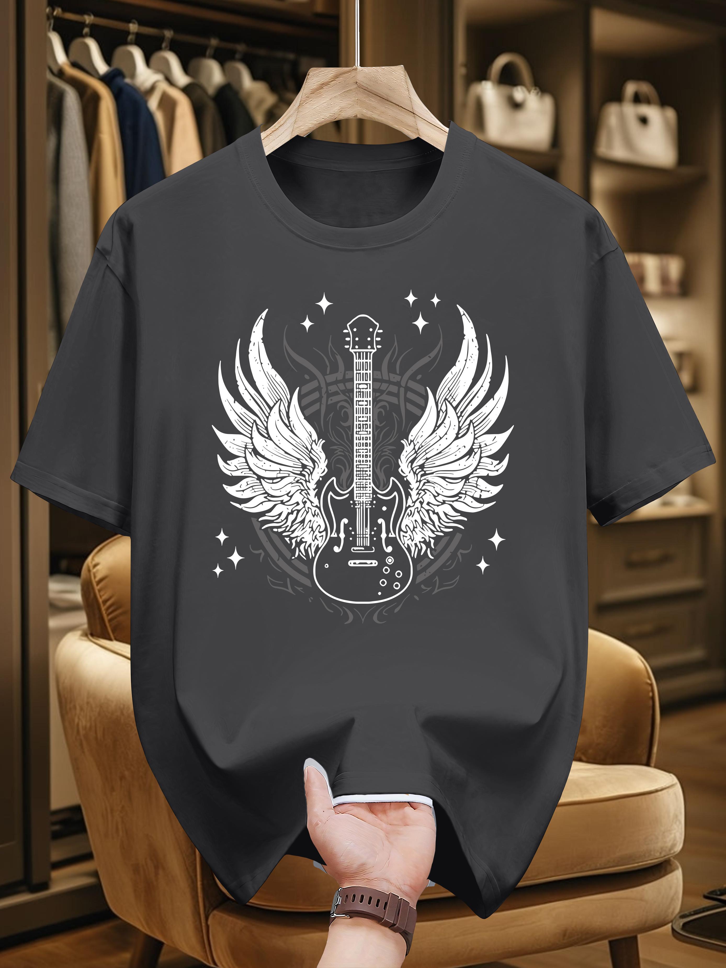 

Niuwang Selection 200g 100% Cotton Short Sleeve T-shirt - Black Casual Graphic Tee with Winged Guitar & Stars Design M