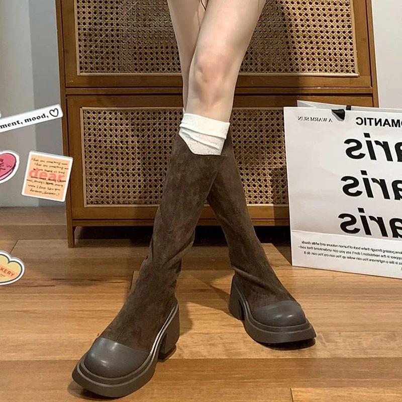 Fashion Thick Heel Women Knee High Boots Fashion Square Toe Shoes Winter Laides Concise Knight Long