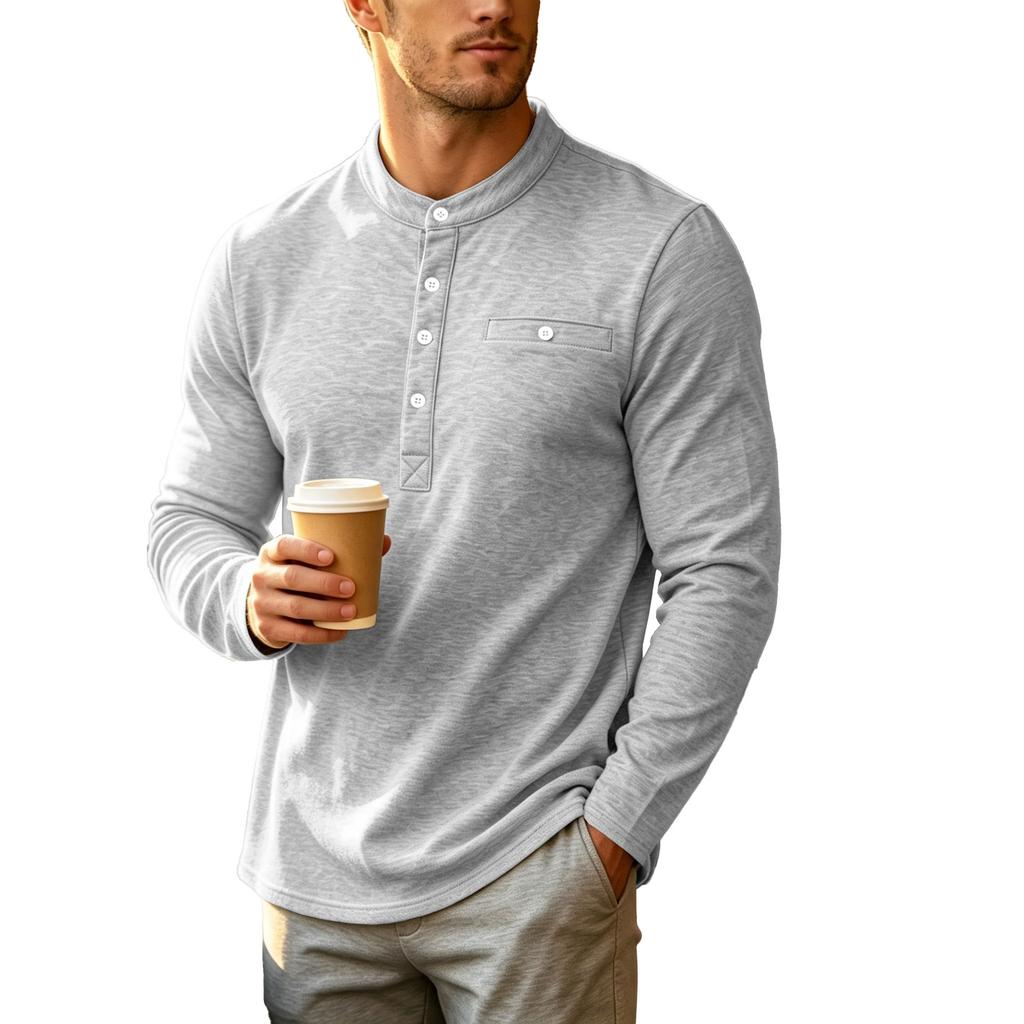 Men’s Stand-up Collar, Multi-Pocket, Breathable Knit, Loose-Fit, Stand-up Collar, Commuter-Style, Henley, Long-Sleeved