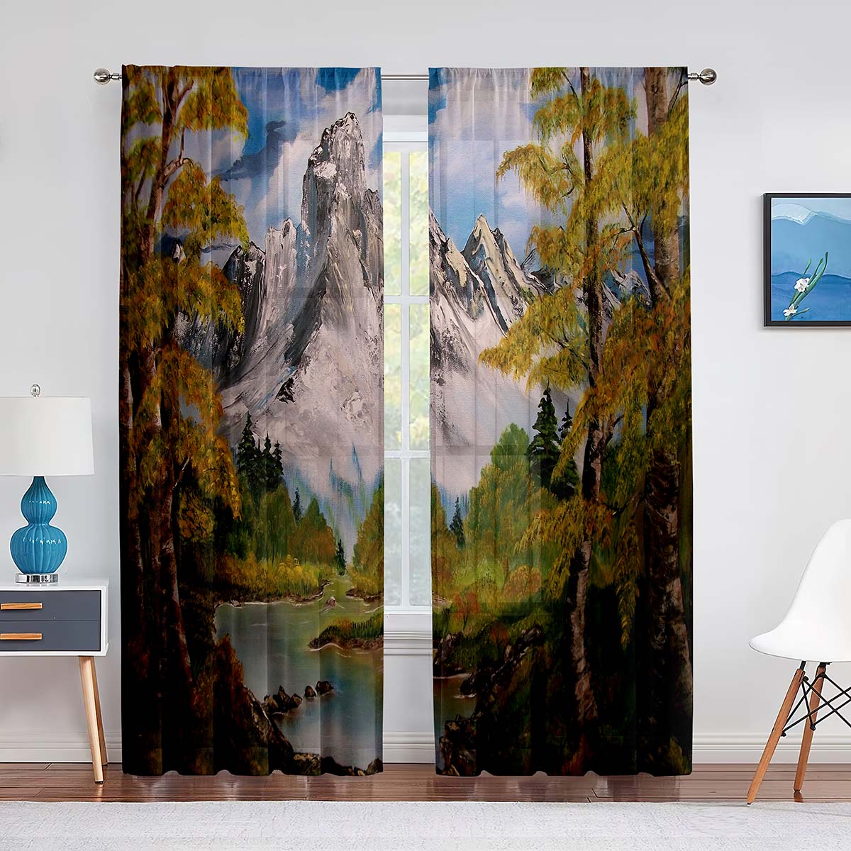 

Mountain Forest River Landscape Curtains for Living Room Bedroom Decor Transparent cortinas Window Curtain 2panels Semi-blackout (As shown-1803)-(W50cmxH130cm)x2&Grommet Top