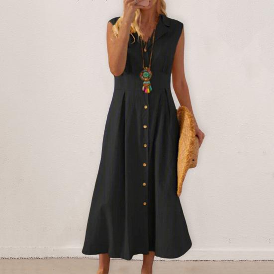 Summer Women Dress Lapel V Neck A-line Big Hem Sleeveless Single-breasted  Pure Color Suit Style OL Commute Midi Dress Beach Dating Long Dress  buy  the best products in the Ayzeze online