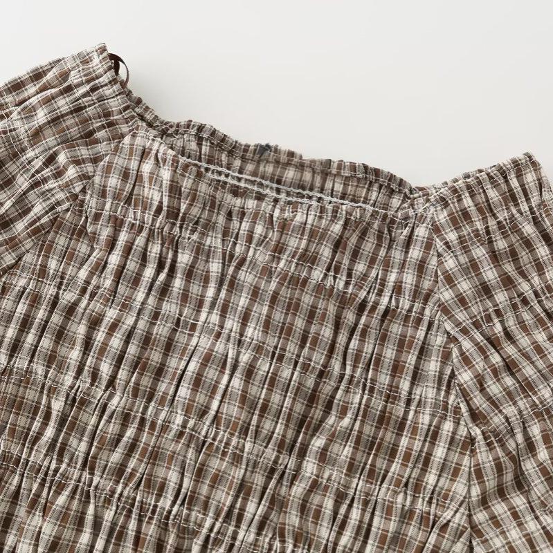 European and American style, new women's clothing, foreign style fashion bubble sleeves, pleated plaid poplin top