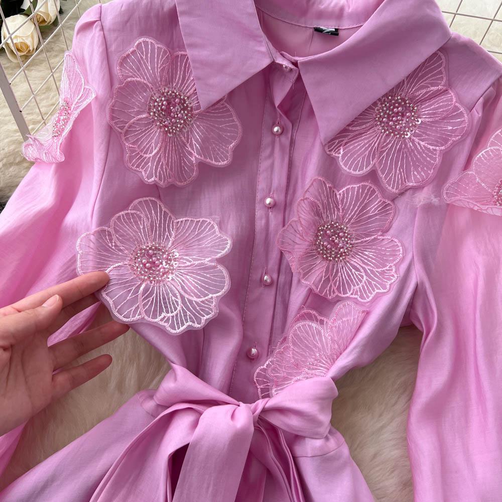 Chic Vintage Three-dimensional Single Breasted Slim Elegant Fairy Korean Fashion Boho Women Clothing Long Dress