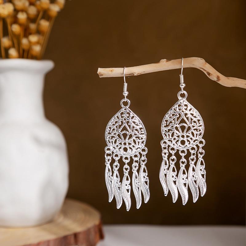 Ethnic Miao Silver Style Long Tassel Earrings with Ancient Scenic Stud Design for Women
