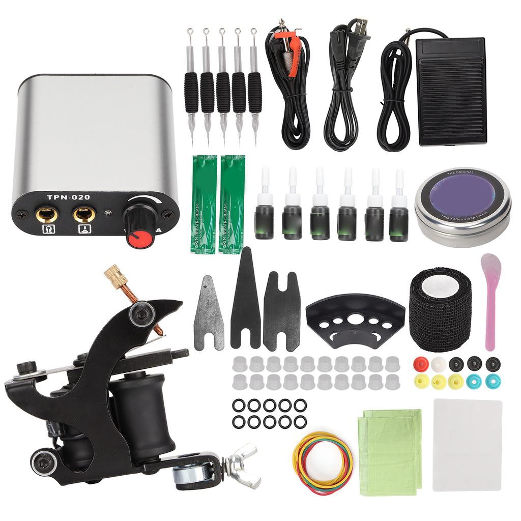 Coil Tattoo Machine Kit Power Supply Practice Skin Ink Repair Cream Foot Pedal Novice Tool Set
