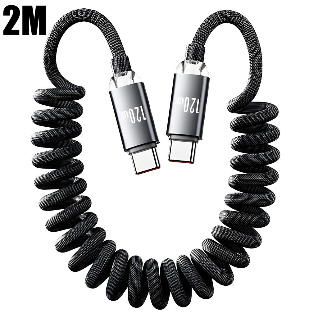 120W Car Spring Data Cable Retractable USB C To Type C Fast Charging Cable for Iphone 17 16 15 Samsung Dual Type C Cable 1m 2m