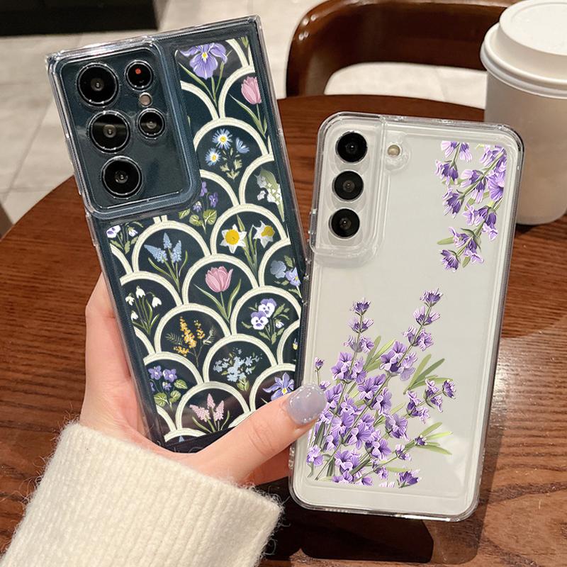 Flower Print Transparent Phone Case For Samsung Galaxy S25 S24 S22 Ultra S23 S24 FE A17 A56 A16 A36 A26 A55 A15 A25 A54 5G Shockproof Soft Back Cover